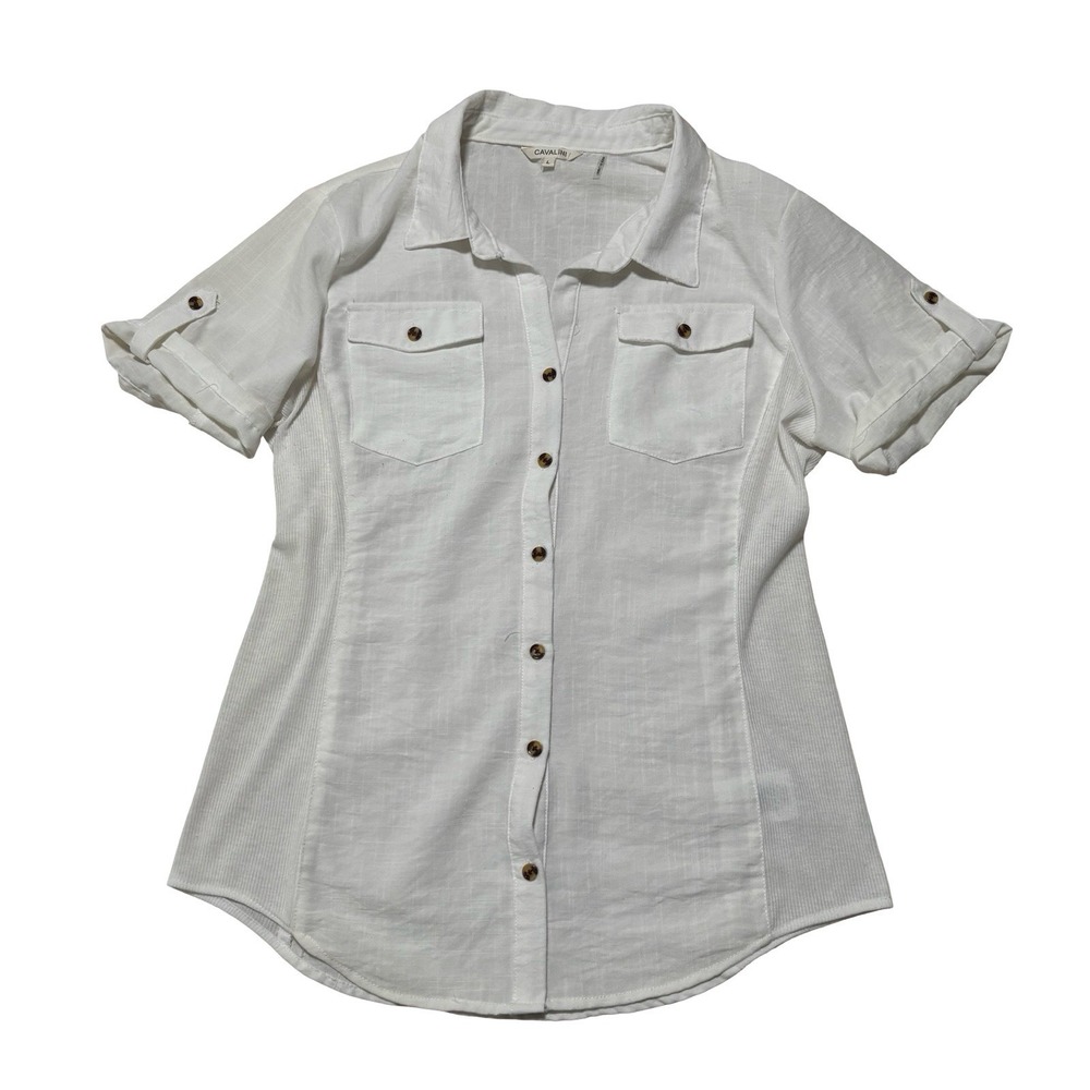 Cavalini Slimming Fit Soft Light Button Down Shirt Cuff Sleeve White Size Large